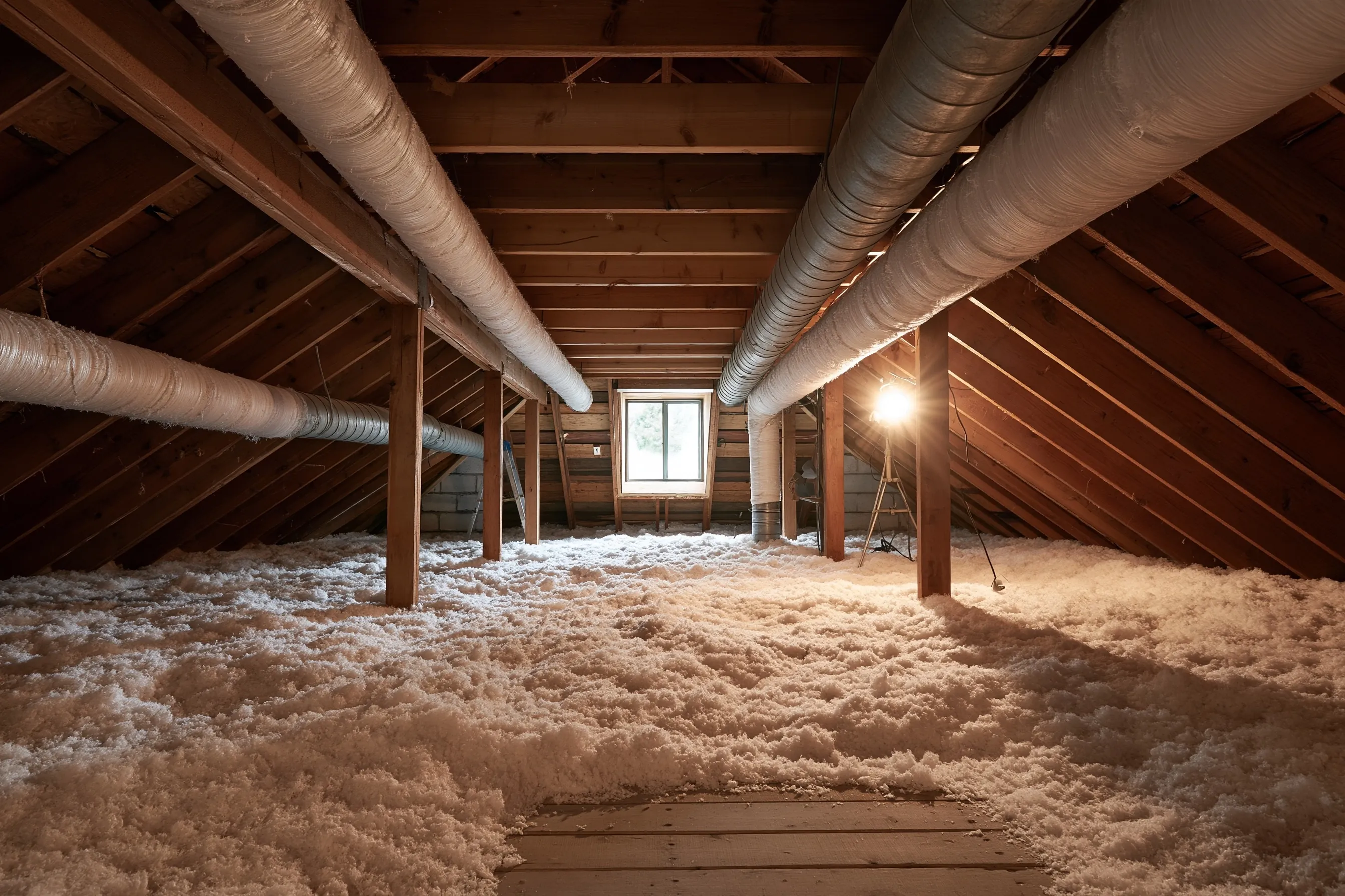 Hot attic of a 1950s house with old metal ducts wrapped in white tape-like insulation