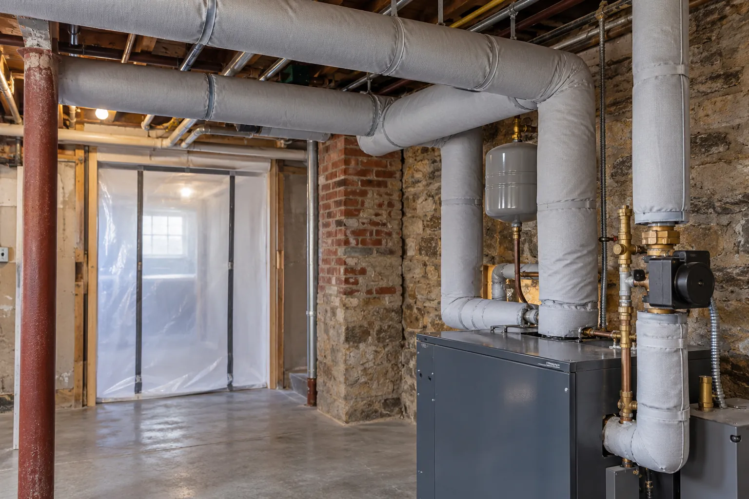 Basement with stone and brick walls, a newer gray boiler, pipes in gray insulation jackets, open joists and a plastic zipper door behind