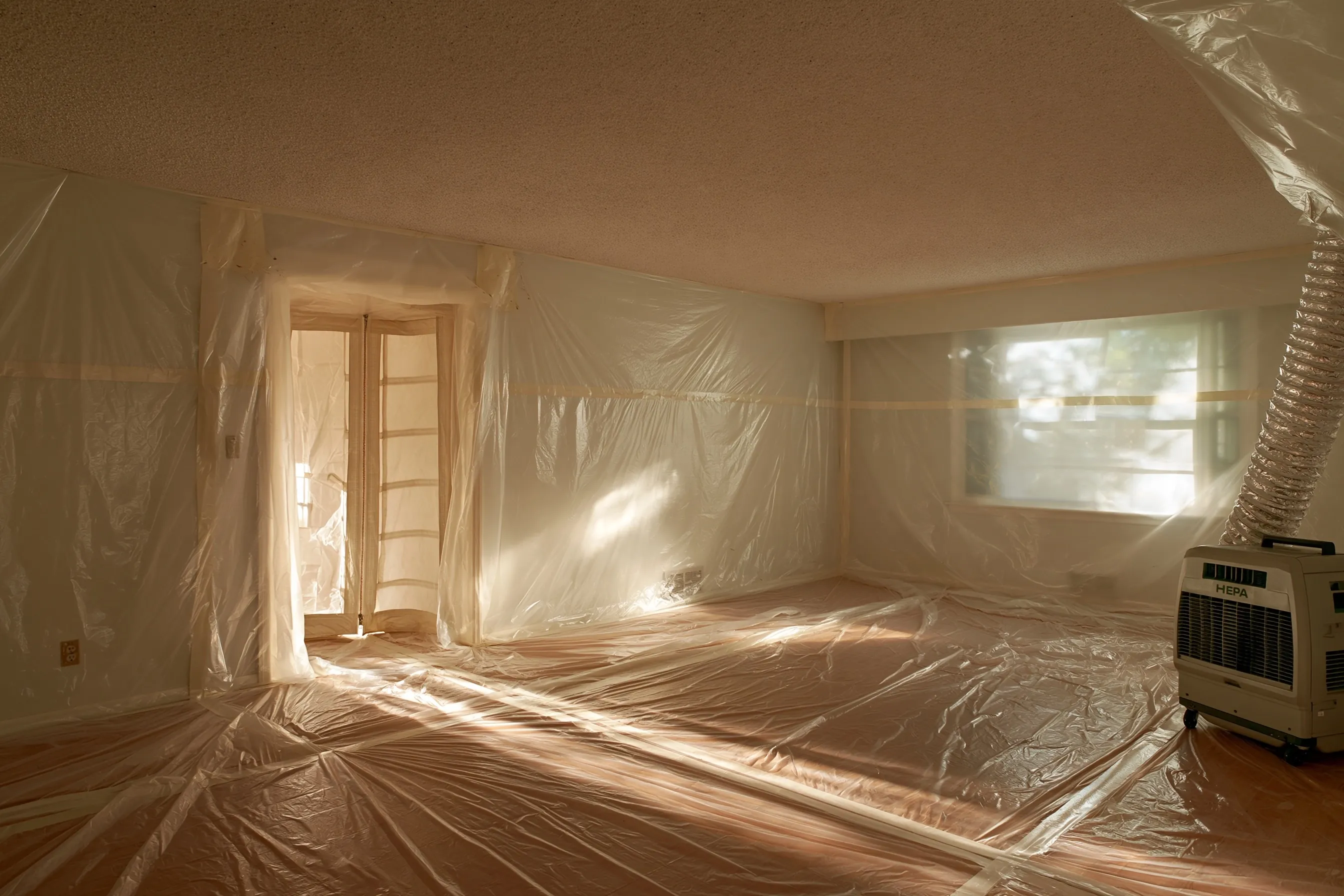 Textured popcorn ceiling in a 1970s living room, sealed off with plastic sheeting